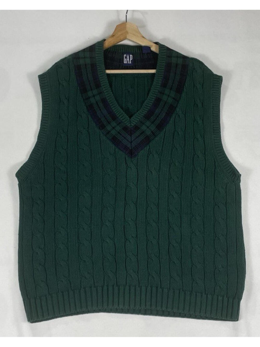 Vintage Dark Forest Green Cotton Sweater Vest V-neck Preppy Pullover Mens Sz XL